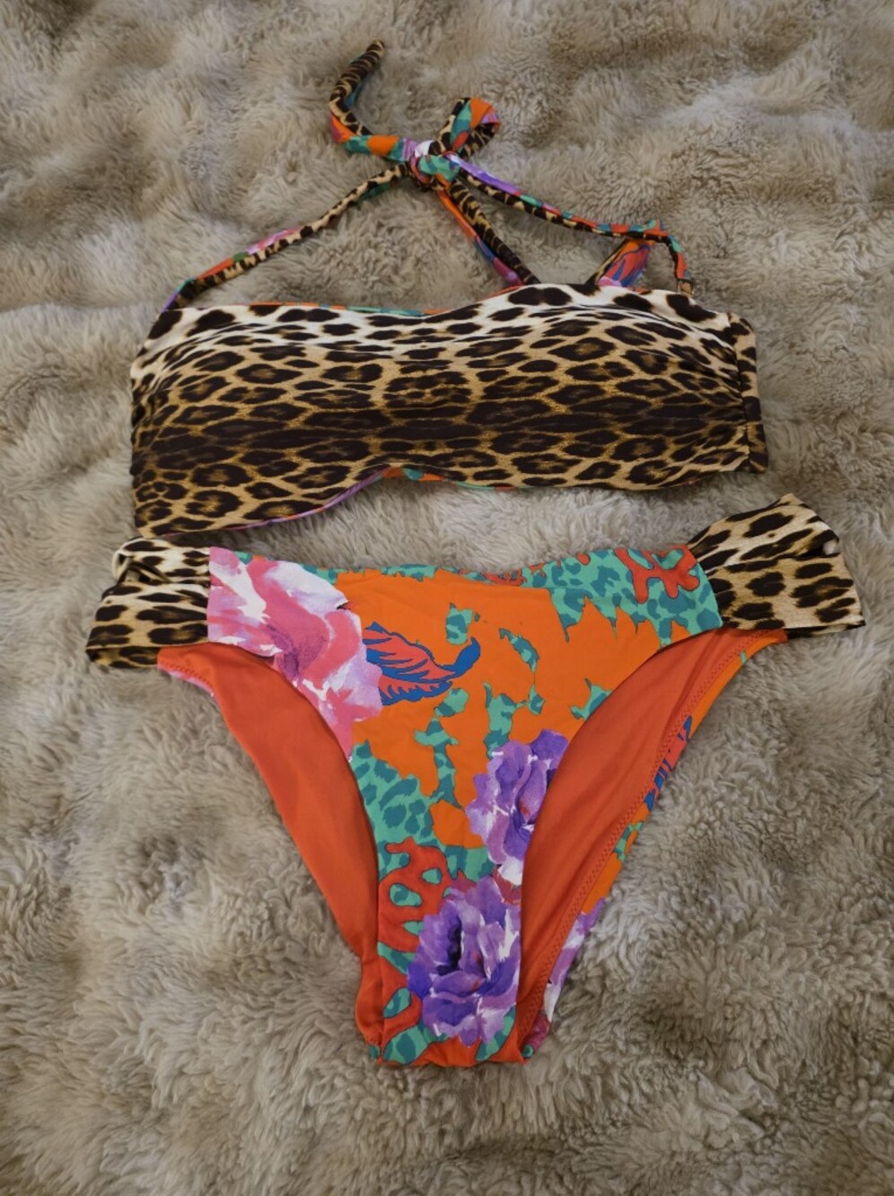 Guess Brand Leopard & Bright Floral Bikini Set - Orange, Purple, Large Like New